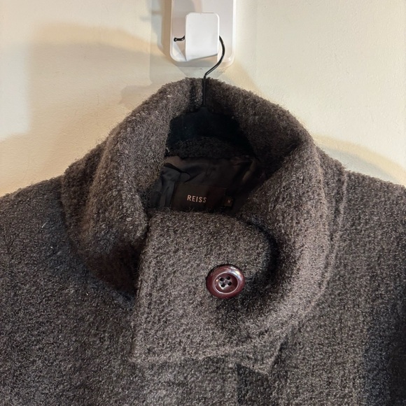 REISS Sz M Coat Dark Brown Textured Wool Turned Collar Button Pockets Lined - Picture 2 of 10